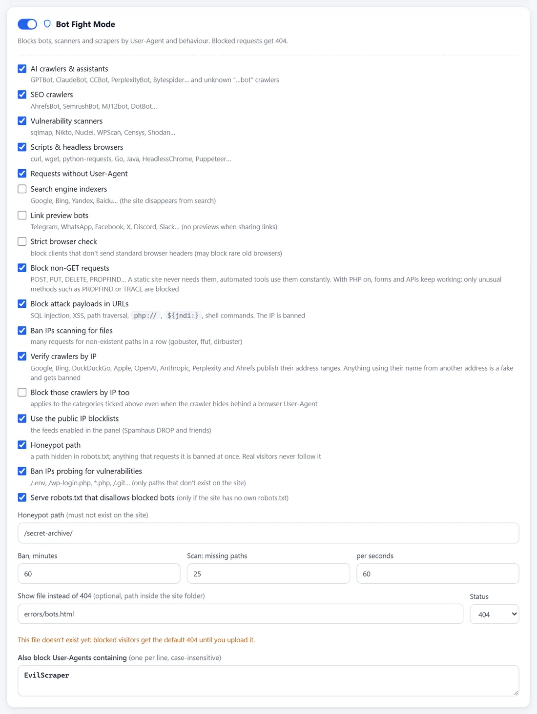 Bot Fight settings: bot categories, crawlers verified by IP, public IP feeds, probe, payload and scan detection