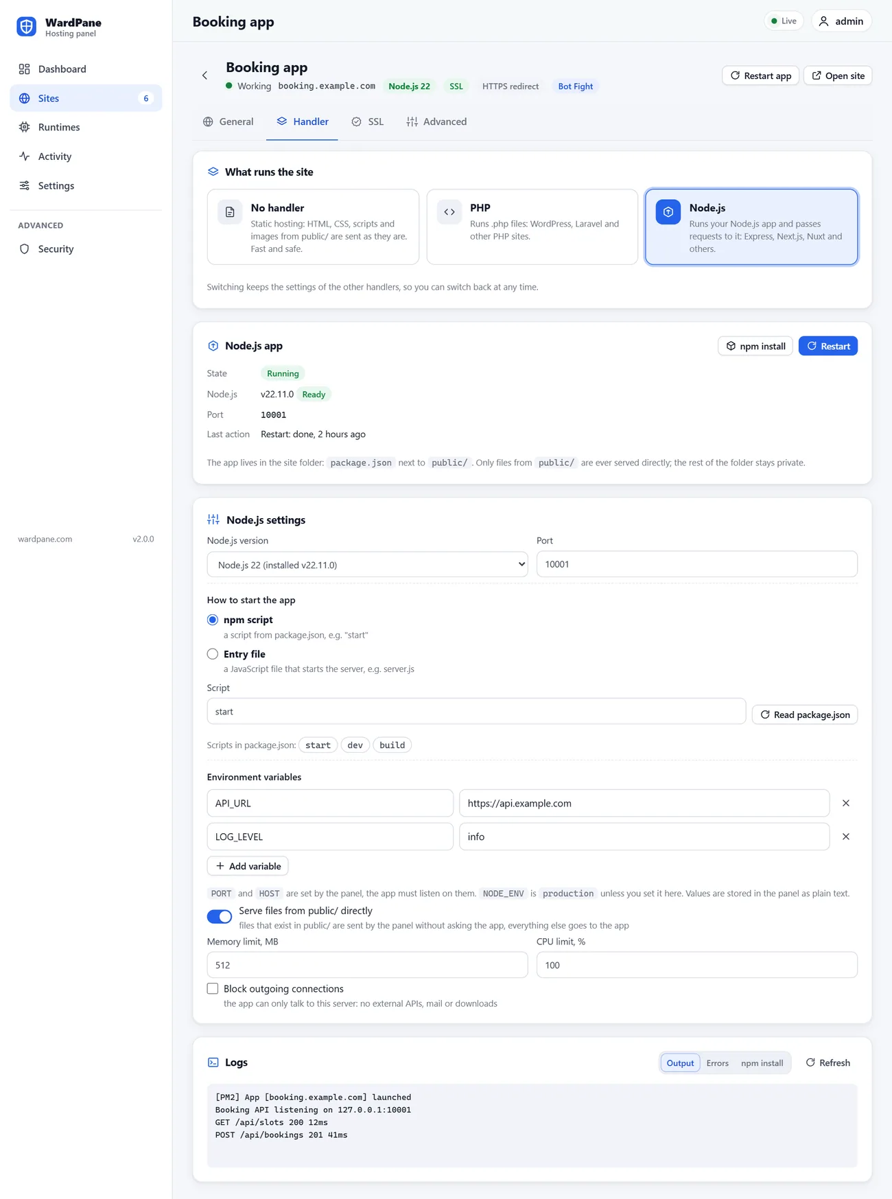 The Handler tab of a site: Node.js version, start script, environment variables and limits