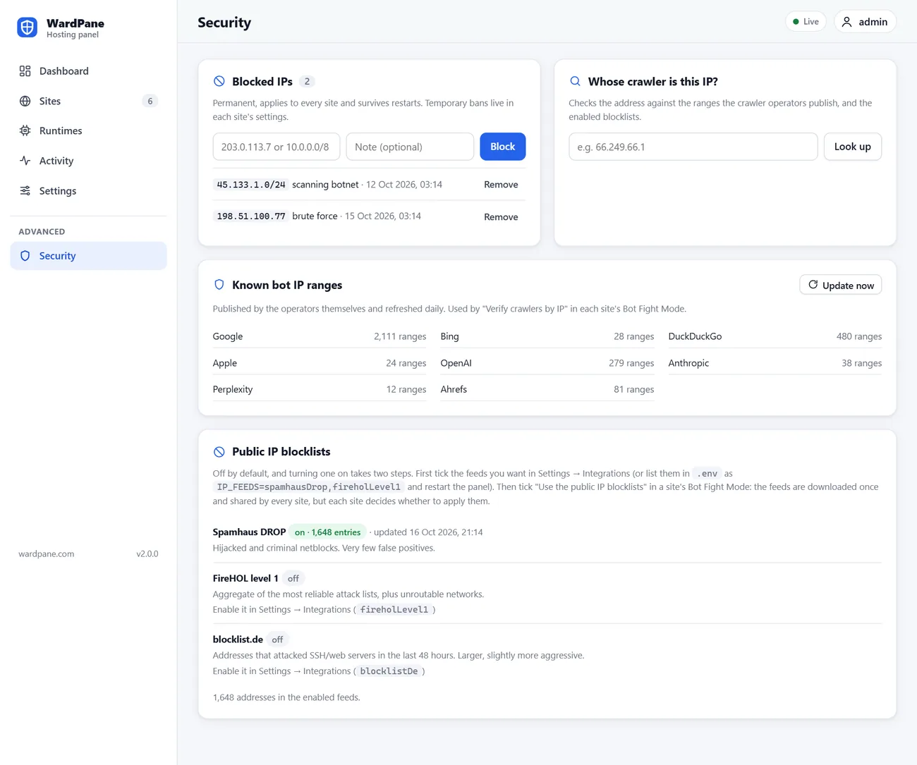 The Security section: global blocklist, crawler IP lists with update dates, IP lookup